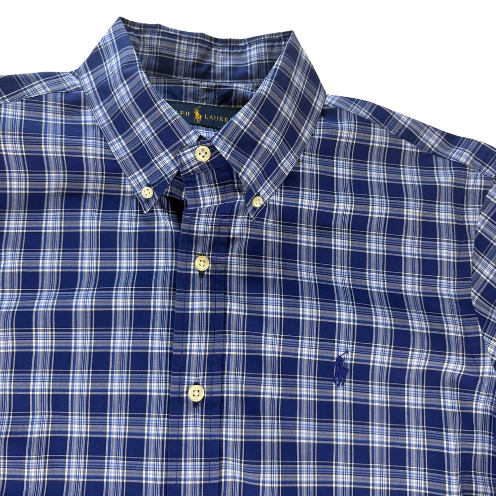 Ralph Lauren Mens Medium Blue White Plaid Cotton Button Down Long Sleeve Shirt